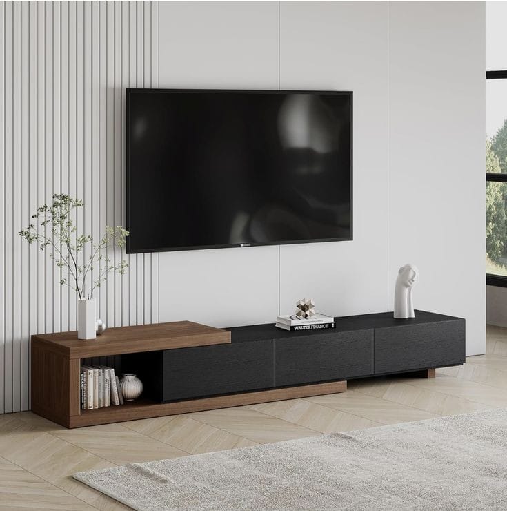 وحدة تلفزيون - 40 × 35 × 240 سم - أسود وخشب - 40 × 35 × 240