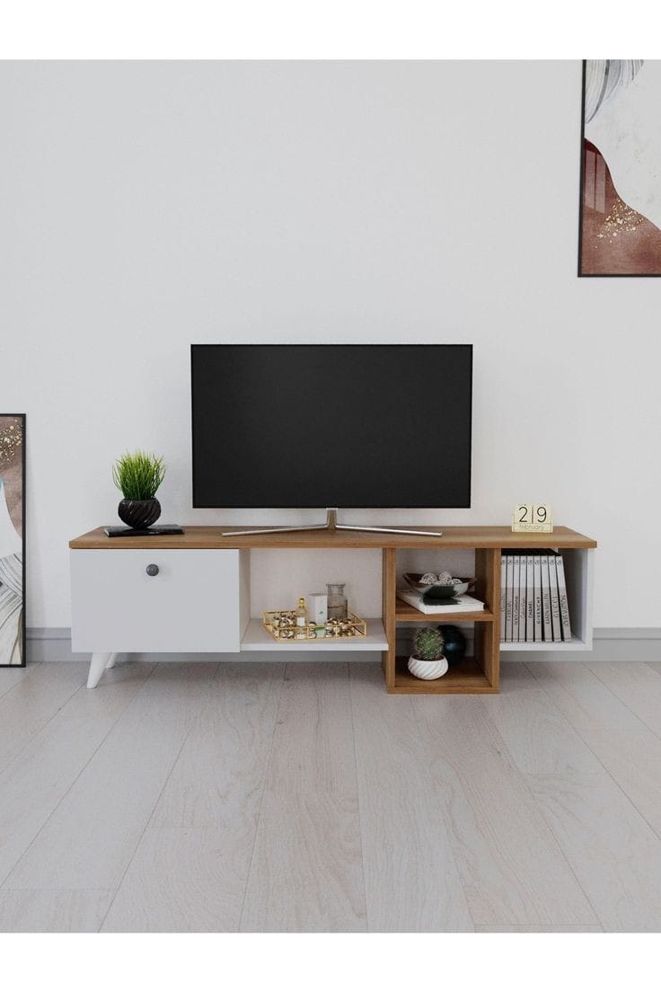 وحدة تلفزيون - 50 × 35 × 150 سم - أبيض وخشب - 50 × 35 × 150