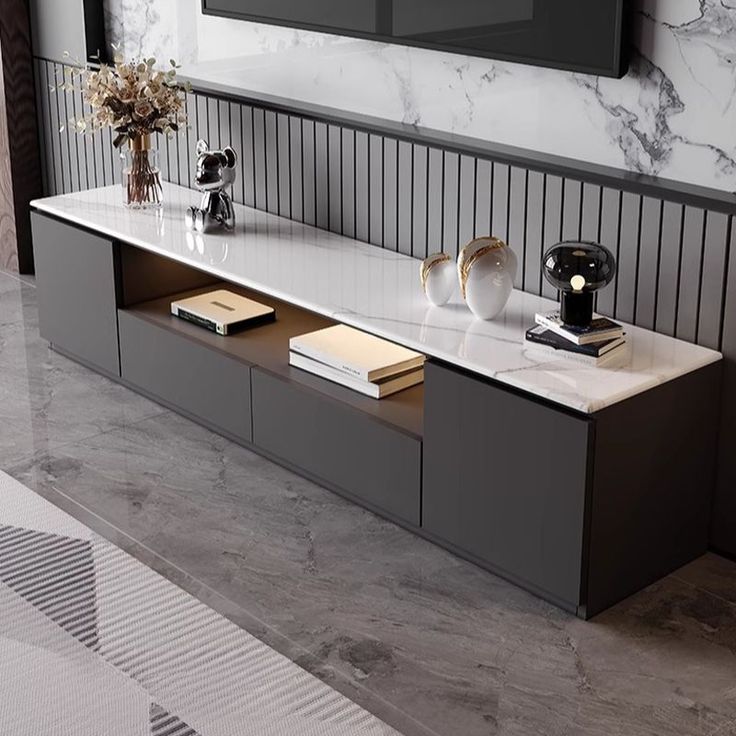 Tv Unit - 40 x 40 x 180 cm - Black & Marble - MT52