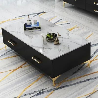 Coffee Table - 40 x 60 x 120 cm - Marble & Black - CT50